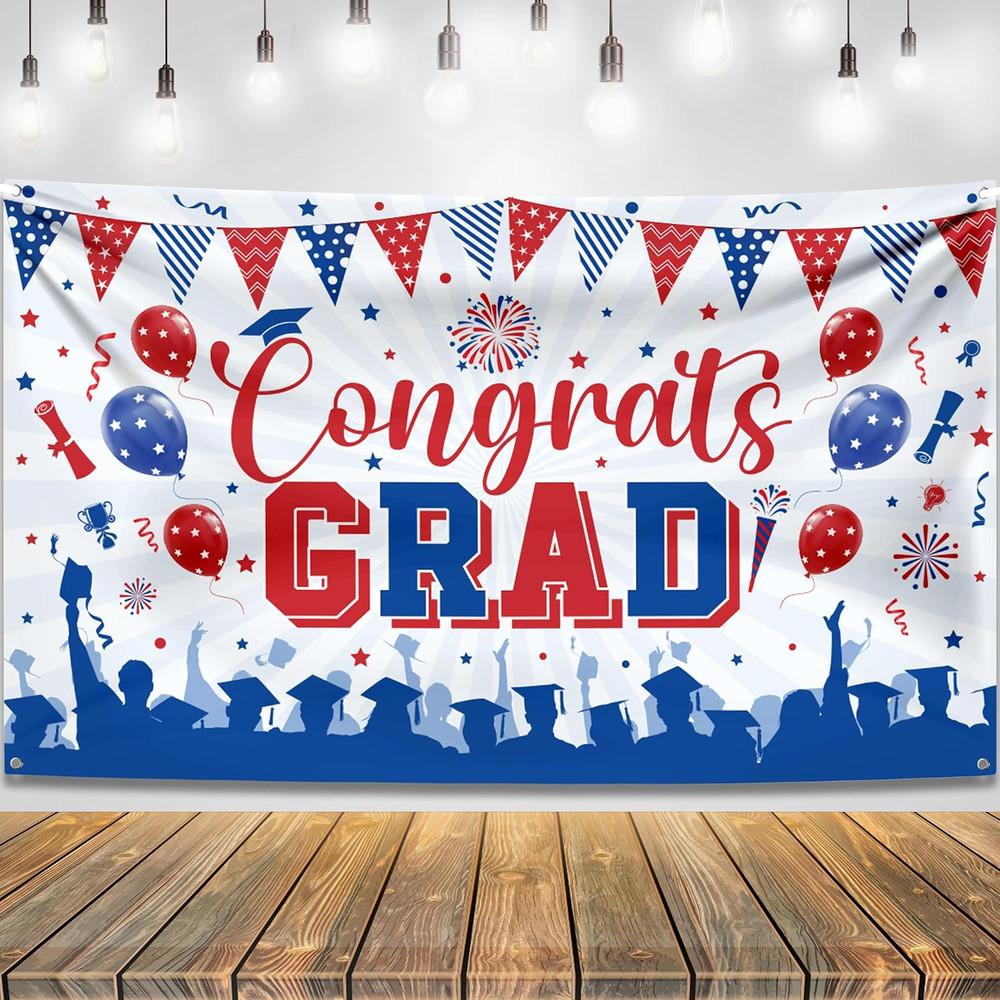 , Red and Blue Congratulations Banner, XtraLarge, 72×44 Inch, Graduation Backdro