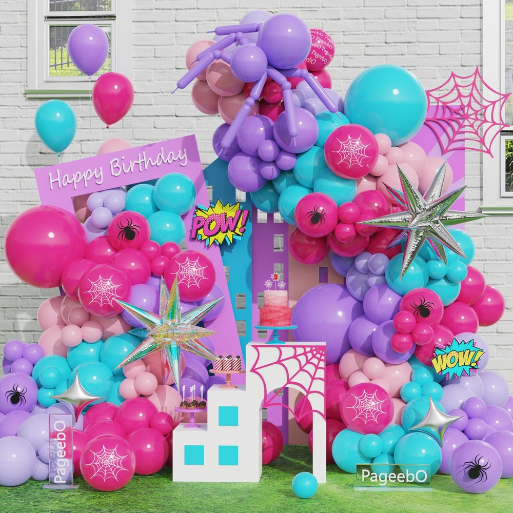 Spider Theme Balloon Arch, 153pcs Pink Purple Blue Spider Print Balloons with…