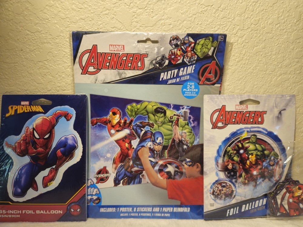 Marvel Avengers & Spider-Man Birthday Party Game, Foil Balloons, & Avenger Pogs