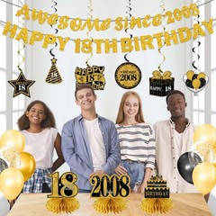 18th Birthday Decorations Kit – 11 Pcs Black Gold Banner, Centerpieces & Swirls