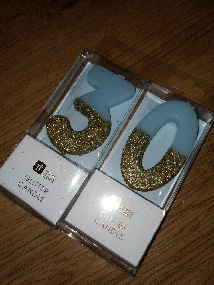Talking Tables 30th Birthday Candle Cake Topper, Wax, blue, gold glitter, bold