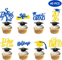 Graduation Decorations 2026 Blue Gold, Graduation Cupcake Toppers 2026 Blue Gold