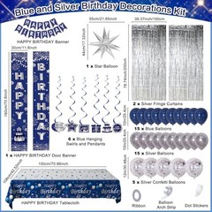 Blue Birthday Decorations for Men Women Boys, Happy Birthday Blue Silver