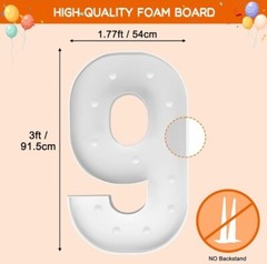 Marquee Number With Lights Foam Board Cut Out for 9th Birthday/Anniversary 3FT