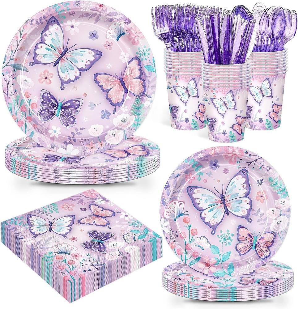 168 Pcs Butterfly birthday Decorations Purple Birthday Tableware Serves 24 guest