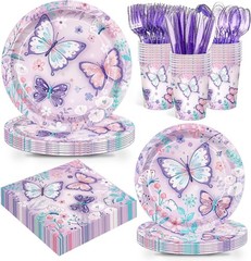 168 Pcs Butterfly birthday Decorations Purple Birthday Tableware Serves 24 guest