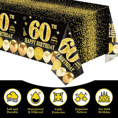 2pcs 60th Birthday Tablecloth, Black Gold 60th Birthday Decorations for Men Wome