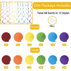Colorful Hanging Swirl Party Decorations Rainbow Felt Ceiling Streamers 48 PCS