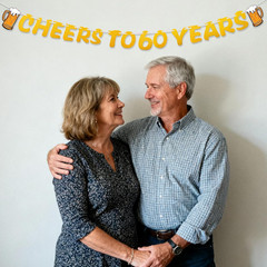 Cheers to 60 Years Banner with Beer Mugs –Gold Glitter Pre-Strung 60Th Birthday