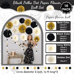 Black and Gold Party Decorations, 16 PCS Tissue Paper Pom Poms Dots Paper Gar…