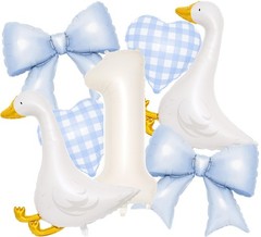 Silly Goose 1st Party Decorations – 7 Pcs Goose Balloons & Blue Bow Set – 40”…