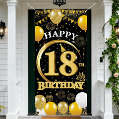 18Th Birthday Decorations Door Banner – 1 Pcs Glitter Gold Black Happy 18Th Birt