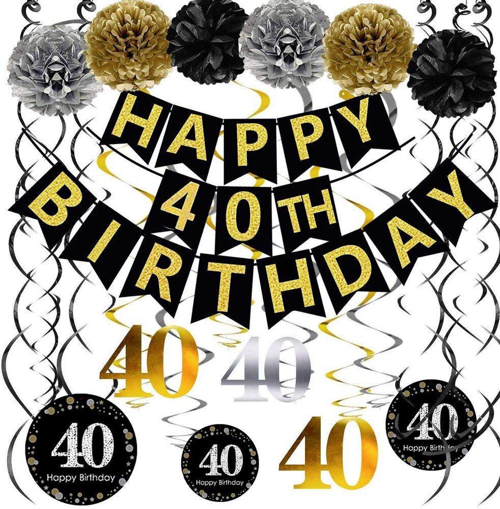 Famoby Happy 40Th Birthday Banner PomsPoms Sparkling #40 Hanging Swirls