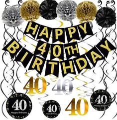 Famoby Happy 40Th Birthday Banner PomsPoms Sparkling #40 Hanging Swirls