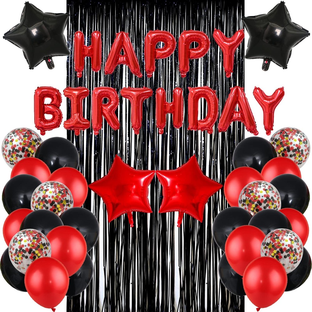 Red Black Party Decoration Kit – Happy Banner,Fringed Curtain,Latex Balloon a…