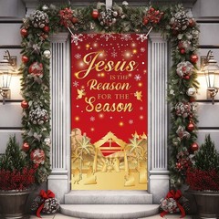 Christmas Door Cover for Front Door – Red and Gold Nativity Scene Xmas Decora…