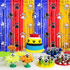 Paw Birthday Decorations,2Pack Blue Red Yellow Foil Fringe Curtains | Pawty Birt