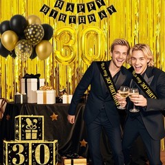 30th Birthday Decorations for Men Women, 50pcs Black and Gold Party Decoratio…