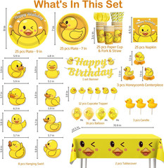 Duck Birthday Decorations for 25 Guests, 195PCS All-In-One Yellow Rubber Duck Pa