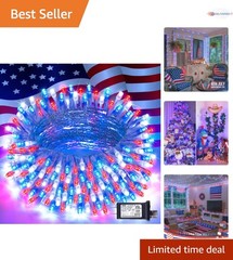 Patriotic String Lights 33ft 100 LED Indoor Outdoor 8 Modes Red White Blue