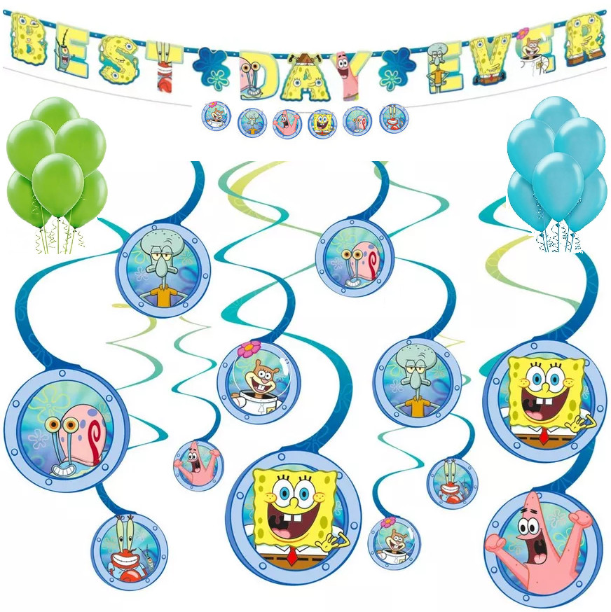Spongebob Birthday Party Decorations Banner 12Pcs Swirls Patrick Squidward Crabs