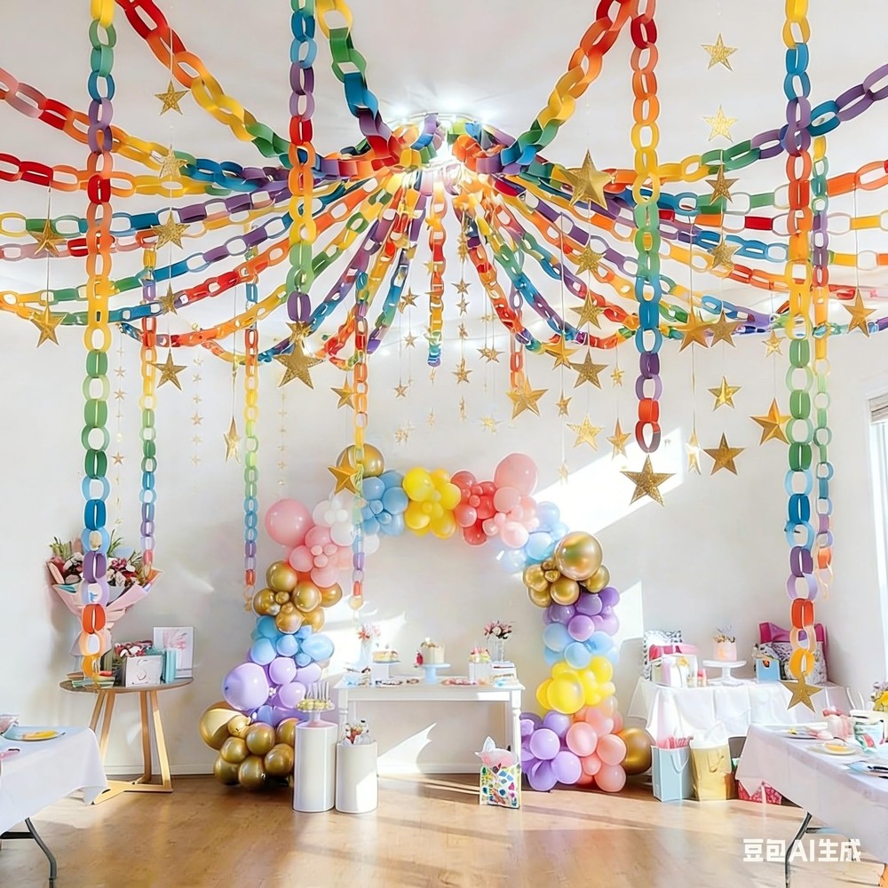 Rainbow Chain Strips and Mirror Star Garland with Double Sided Tape, Chains G…