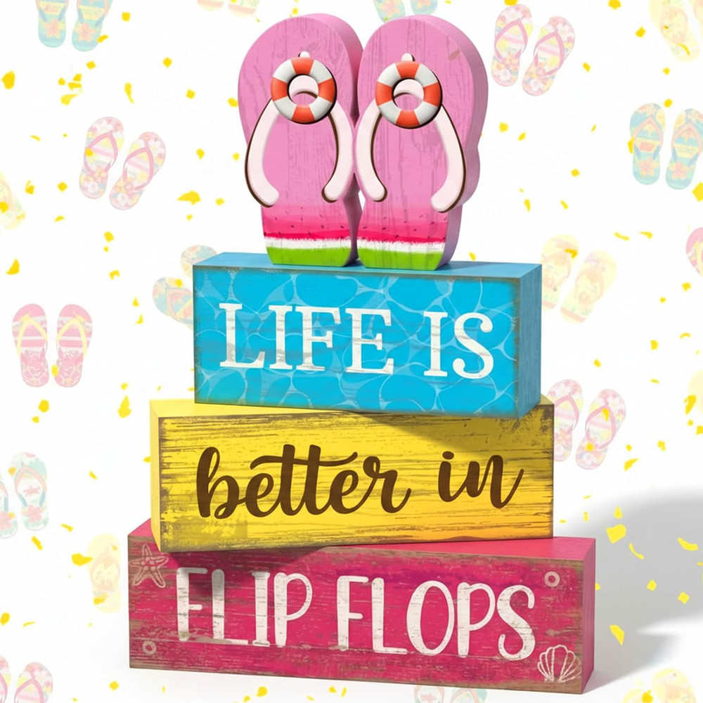 4 Pcs Summer Decorations for Home Flip Flops Table Decorations Wooden Sign Beach