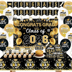 2026 Graduation Decorations Black Gold – Class of 2026 Party Decor Kit