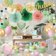 Sage Green Pink Birthday Decorations – 62pcs Happy Birthday Pink Green Gold