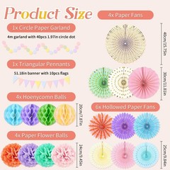 20 PCS Pastel Party Decorations Macaron Rainbow Hanging Paper Fans Honeycomb