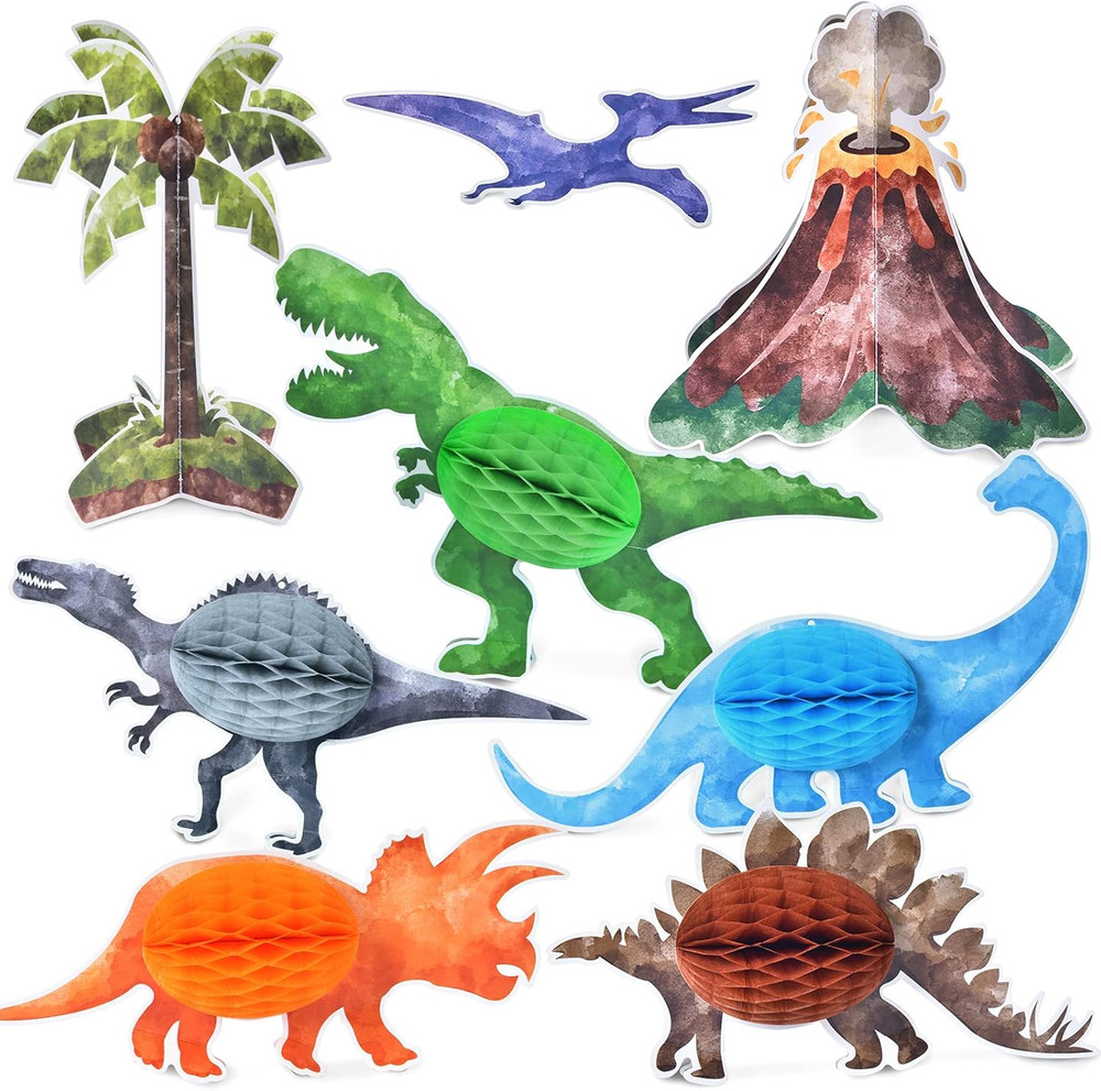 8 PCS Watercolor Dinosaur Party Honeycomb Centerpieces – Dinosaur Birthday Table