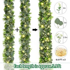 2Pcs Eucalyptus Garland with Lights, Greenery Garland, Green Garland with