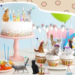 18 Pcs Cat Birthday Party Decorations Mini Birthday Hat Animal Figure Model C…