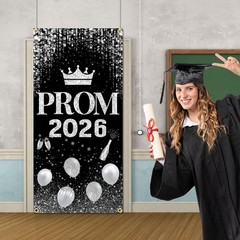 Prom Send Off Decorations 2026 Door Cover, 6×2.9 Black and Silver Prom Door B…
