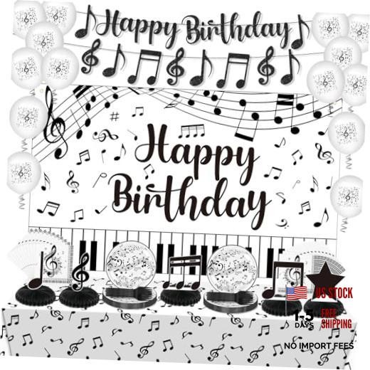 Music Party Decorations Black Musical Note Happy Birthday Large Black White