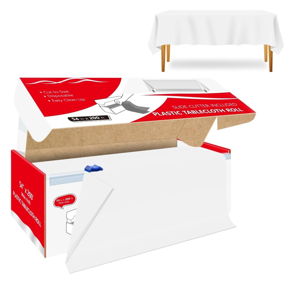 54 Inch x 200 Feet White Plastic Tablecloth Roll Cut to Size Disposable Table…