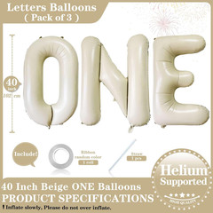 40 Inch Beige One Balloons, Giant Cream White Letters One Balloons Foil Mylar He