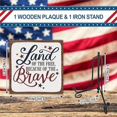 July 4th Wooden Plaque With Iron Stand – Free & Brave – 4″X4″ Wood Sign For