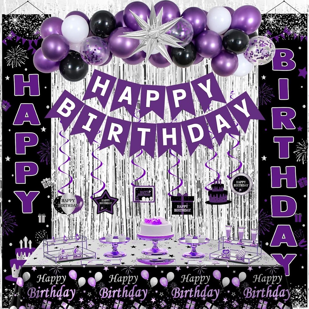 Black and Purple Birthday Decorations for Women Girls, Happy Birthday