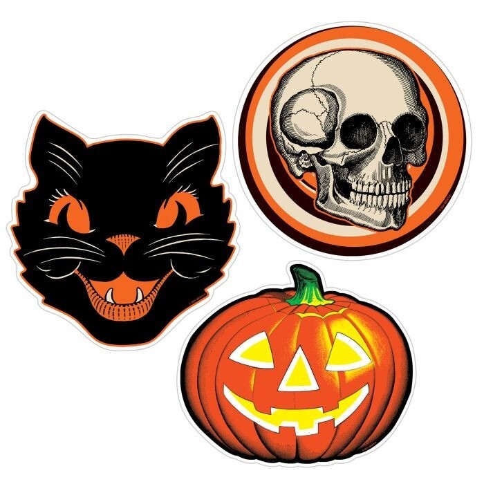 Beistle Halloween Vintage Style Plastic Cutouts Skull Black Cat Pumpkin