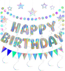 Iridescent Birthday Decorations with Holographic Pre-Strung Happy Birthday Banne