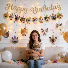 Cat Happy Banner Pre-Strung Cat Party Decorations NO DIY Gold Glitter Happy S…
