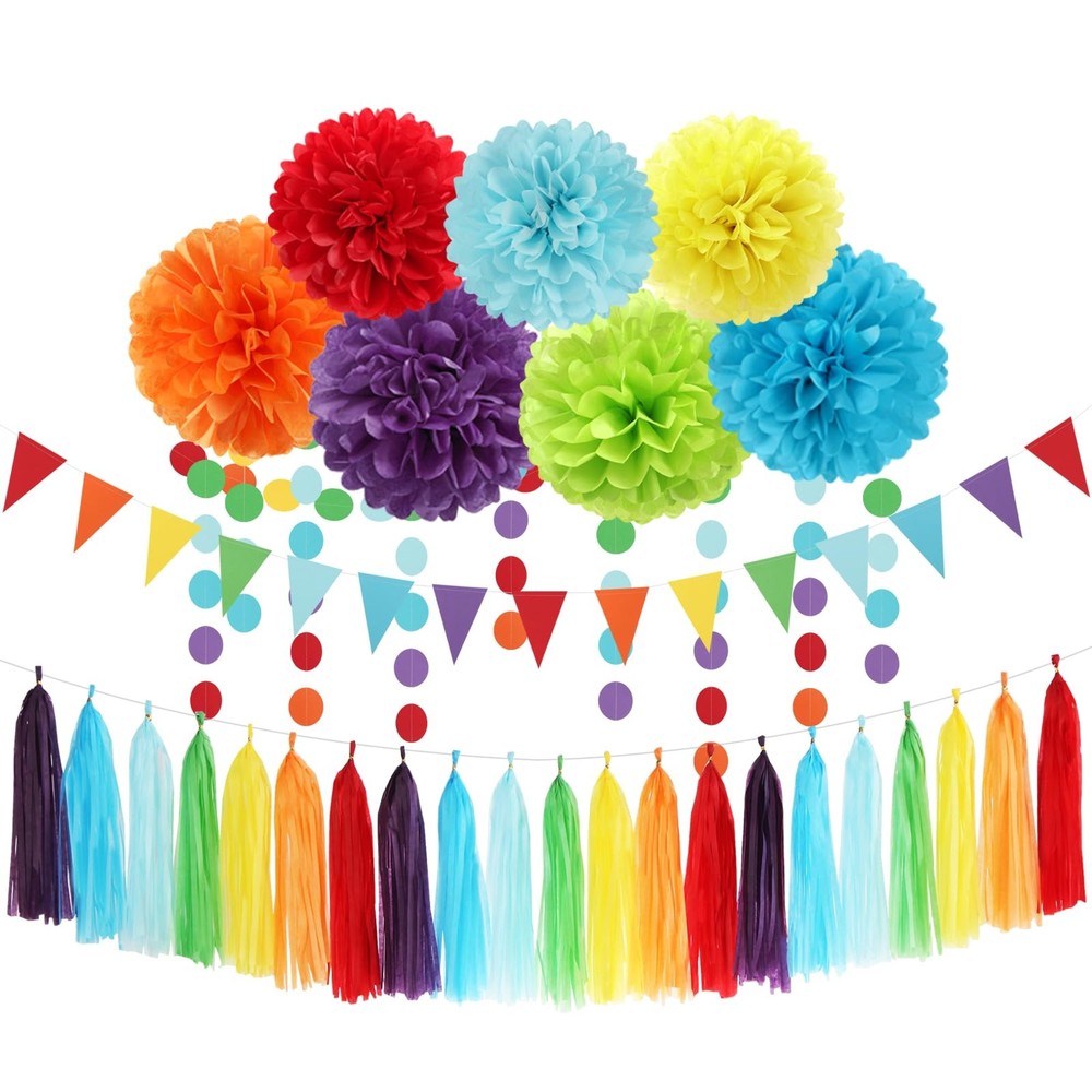 Rainbow Red-Orange Green-Blue Purple Party-Decorations – 30pcs Tissue Pom Pom…