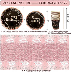 Birthday Decorations for Women, 229 Pcs Rose Gold and Black Happy Birthday Suppl