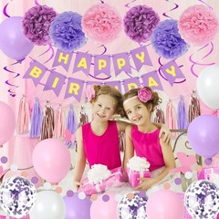 Elegant Purple Pink Birthday Decorations Set with Happy Birthday Banner