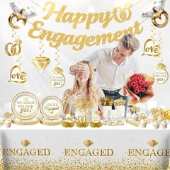 Engagement Party Decorations – He Asked She Said Yes Banner, Foil Balloons, Tabl
