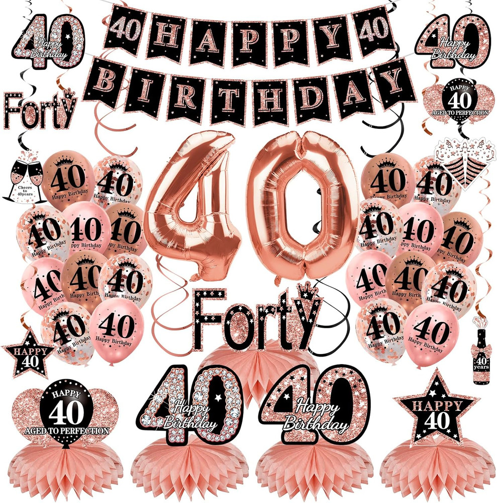 34Pcs 40Th Birthday Decorations Kit for Women, Rose Gold Happy 40 Birthday Banne