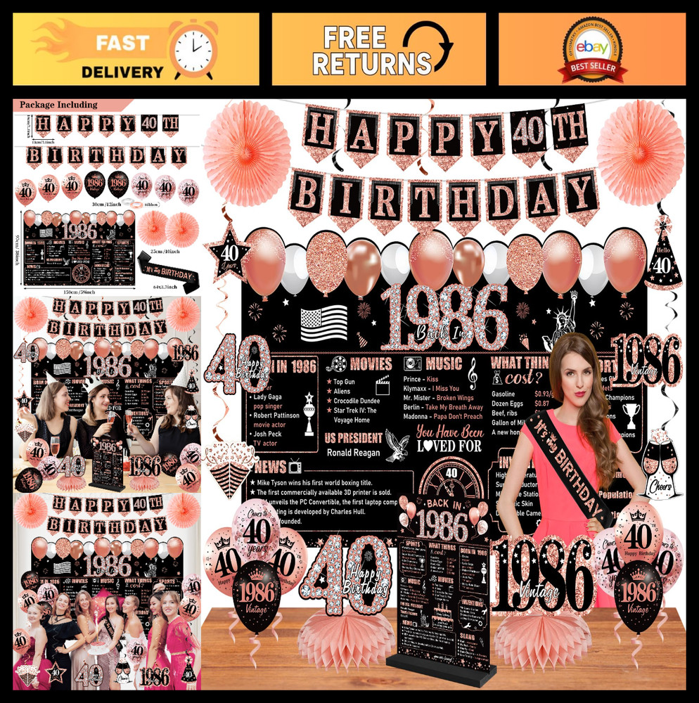 40th Birthday Party Decorations Set – 25PCS Black Rose Gold Banner, Balloons, Ba
