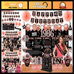 40th Birthday Party Decorations Set – 25PCS Black Rose Gold Banner, Balloons, Ba