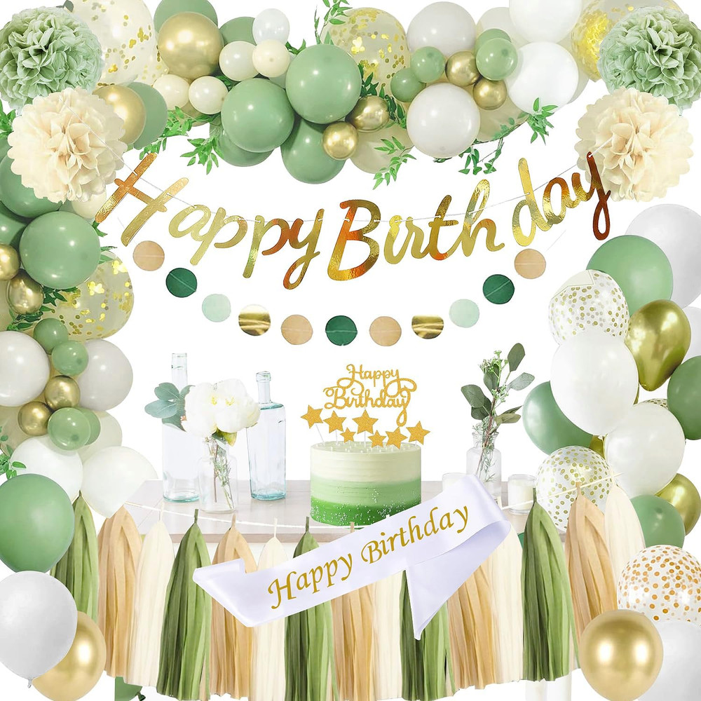 Upgraded Sage Green Birthday Party Decorations for Girls Women with Happy Birthd